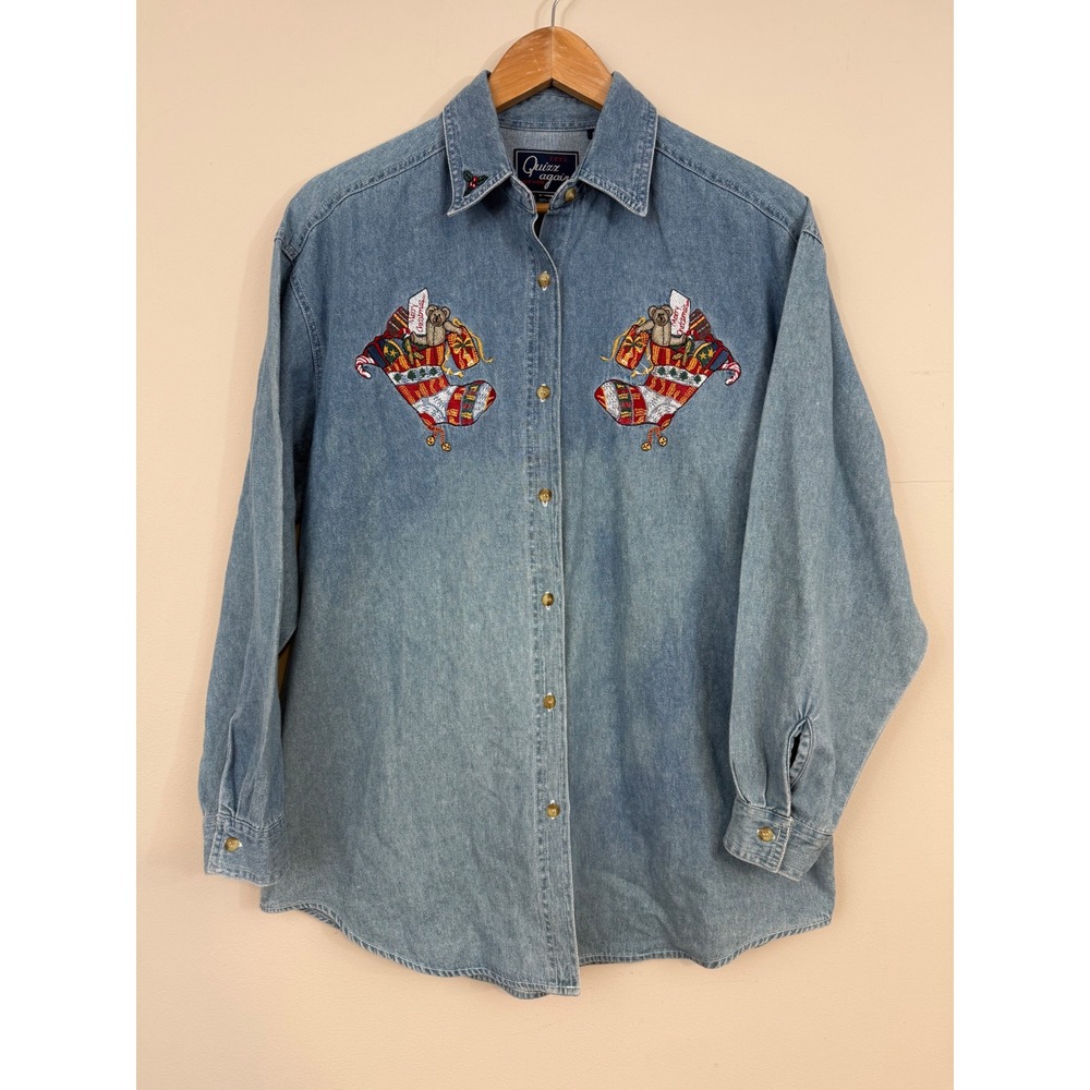 Vintage Quizz Again Denim Button Down Light Wash Embroidered Christmas 90s Med